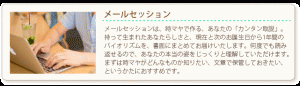 「メールセッション」　メールセッションは、時マヤで作る、あなたの「カンタン取説」。持って生まれたあなたらしさと、現在と次のお誕生日から１年間のバイオリズムを、書面にまとめてお届け致します。なんどでも読み返せるので、あなたの本当の姿をじっくりと理解していただけます。まずは時マヤがどんなものか知りたい、文章で保管しておきたい、というかたにおすすめです。